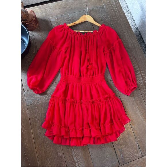 Misa Los Angeles Off Shoulder Daria Boho Crimson Red Mini Blouson Dress Size XS - Picture 7 of 12
